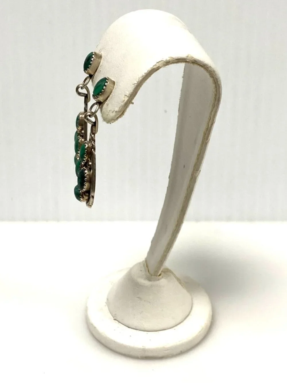 m950 Vintage Sterling Silver Bezel-set Green Malachite Cabochons Dangle Earrings